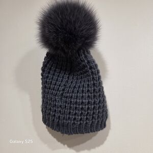 Elegant Gray Knit Hat with Fur Pom